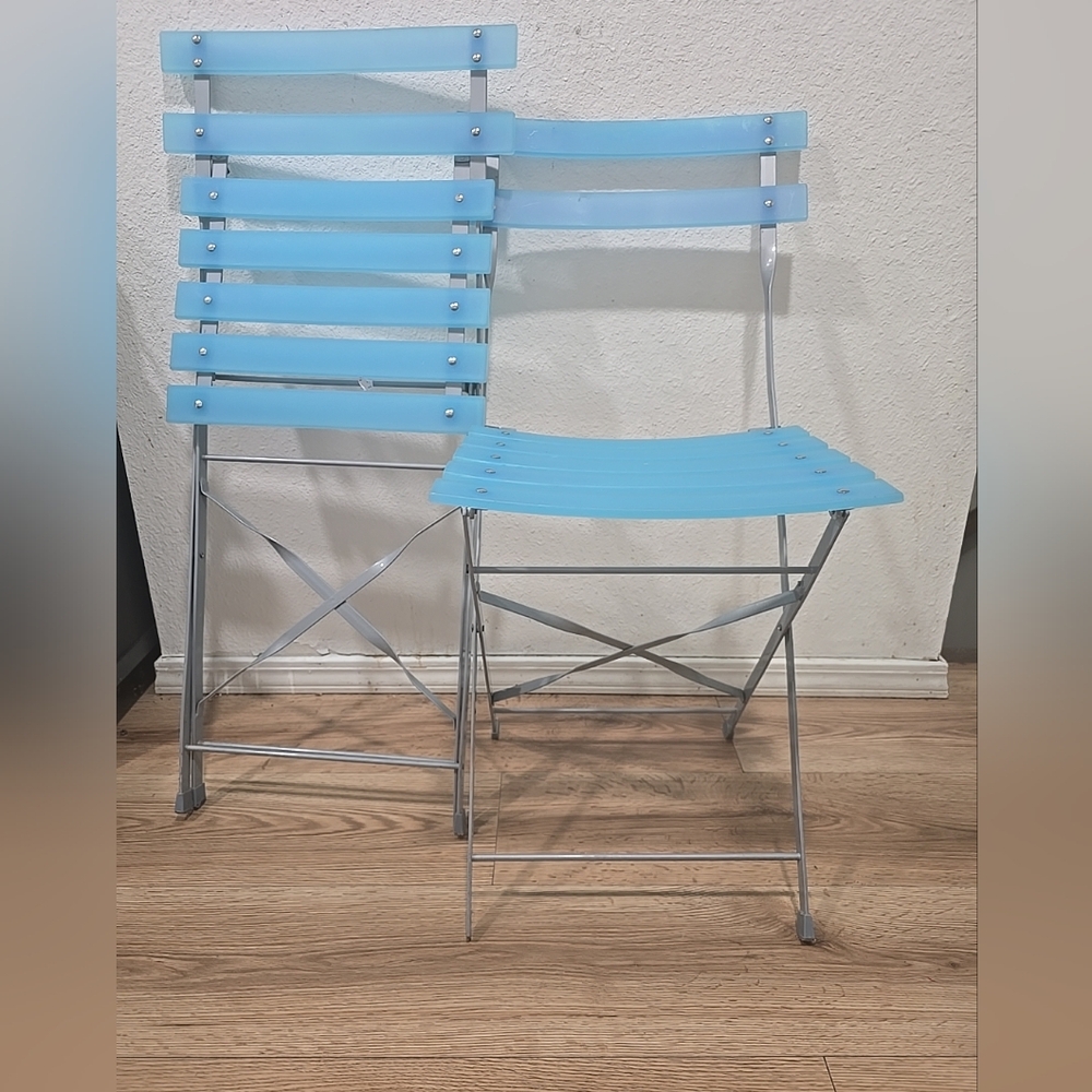 Set of Two Blue Metal Folding Chairs